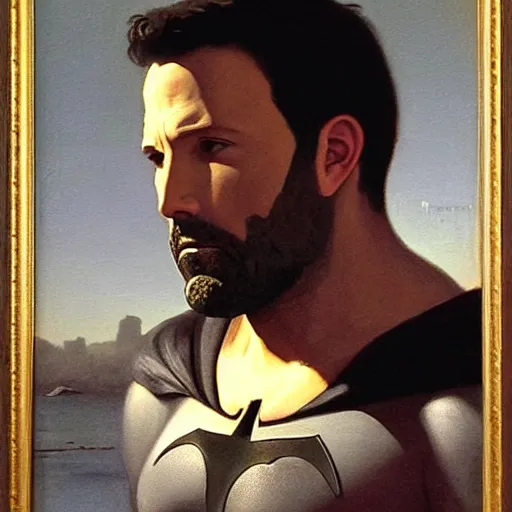 Image similar to Painting of Ben Affleck's Batman. Art by William Adolphe Bouguereau. During golden hour. Extremely detailed. Beautiful. 4K. Award-winning.