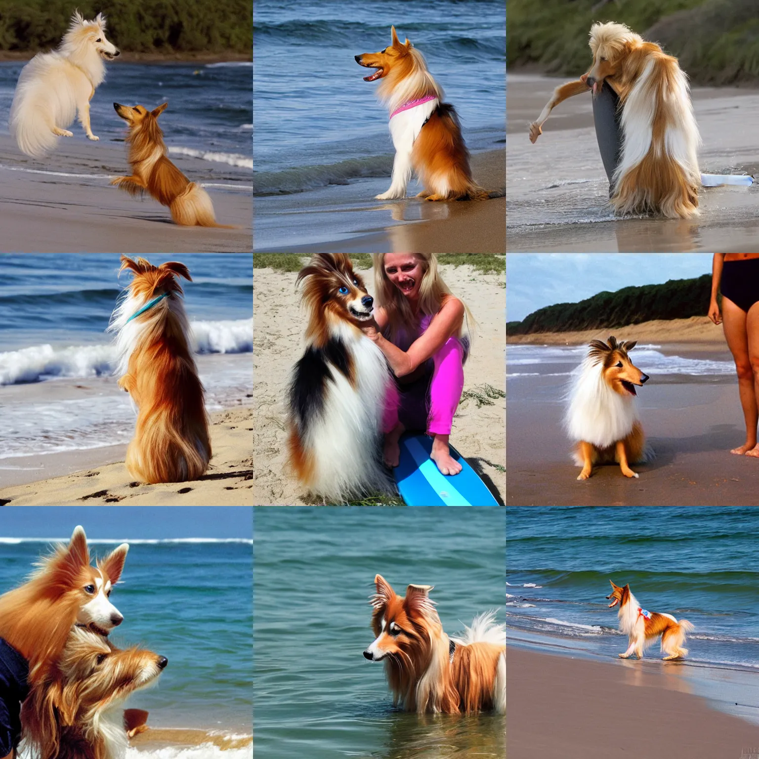 Prompt: a photo of a sheltie mocking a crying blonde surfer girl