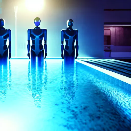 Image similar to a group of androids about to jump in a swimming pool ultra realistic, lens flare, atmosphere, glow, detailed, intricate, full of colour, cinematic lighting, trending on artstation, 4 k, hyperrealistic, focused, extreme details, unreal engine 5, cinematic, masterpiece, ultra realistic, hyper realistic, highly detailed, sharp focus, digital art