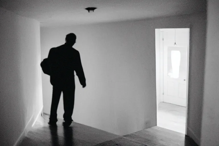 Image similar to the ghost of a man standing at the bottom of stairs in a house at night