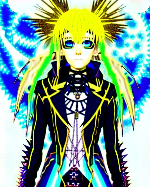 Image similar to a hologram of rimuru tempest with golden yellow eyes and sky blue hair, wearing a gothic spiked jacket, holography, irridescent, baroque visual kei decora art