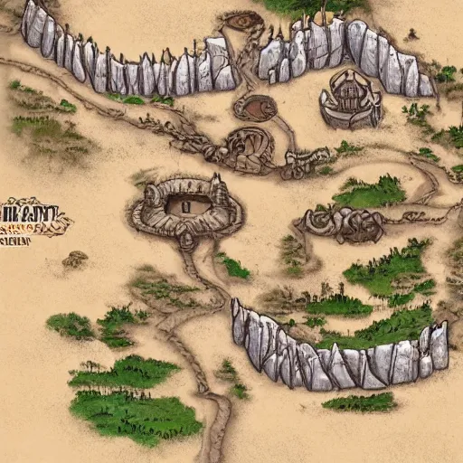 Image similar to an illustrated fantasy map of a small outpost. sand desert. junkyard. d & d. clear design. minimal.