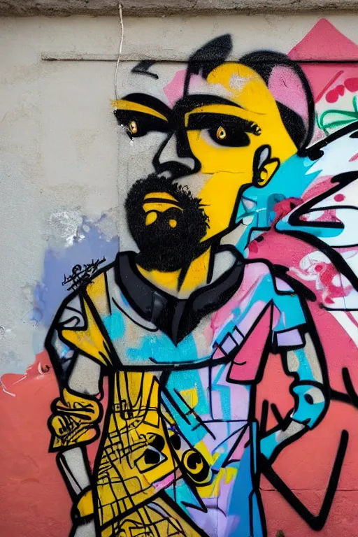 Image similar to a portrait of a male character in the style of graffiti street art