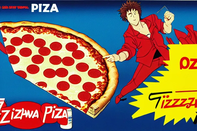 Prompt: pizza, 80s, advertisement, anime, explosion