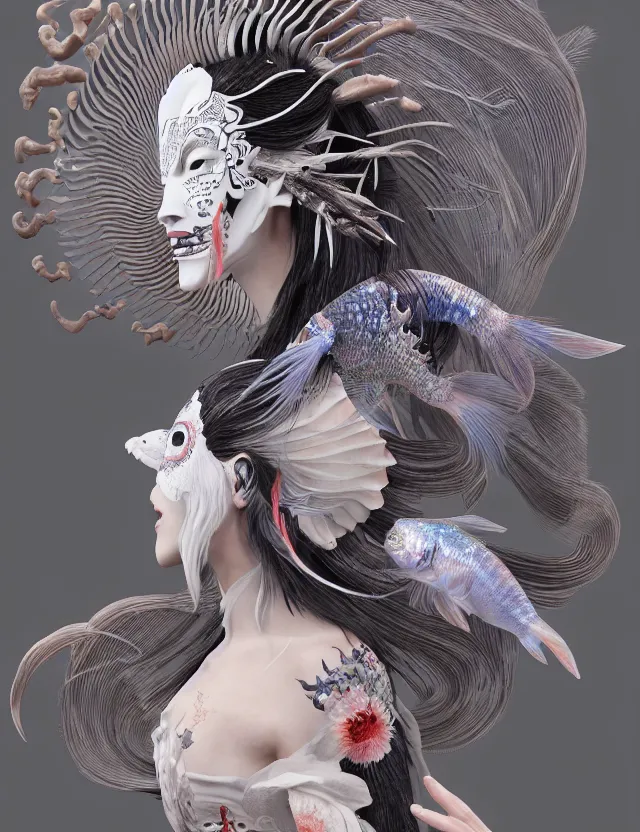 Image similar to 3 d goddess bottom - up with ram skull. beautiful intricately detailed japanese crow kitsune mask and clasical japanese kimono. betta fish, jellyfish phoenix, bio luminescent, plasma, ice, water, wind, creature, artwork by tooth wu and wlop and beeple and greg rutkowski