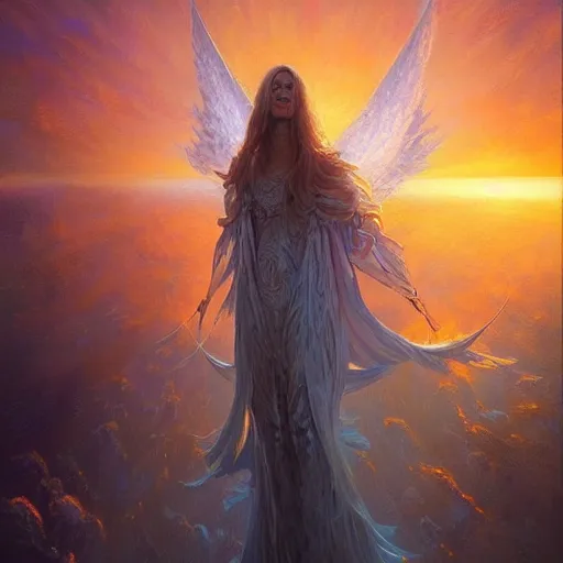 Image similar to Surreal. Vivid. Angel. Beautiful. Blinding. Heavenly. Rays of light. WLOP!!!. Sunset. Captivating. James Paick. Andrew Ferez. John Harris. Steve Henderson. Anato Finnstark. Gabriel Dawe. Extremely detailed. 4K.