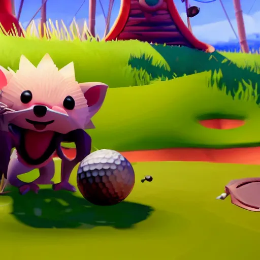 Image similar to hedgehog playing golf in sea of thieves, cute, colourful, happy, adorable