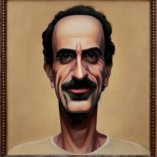 Image similar to robotic frank zappa portrait, grant wood, pj crook, edward hopper, oil on canvas