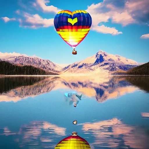 Image similar to realistic extremely detailed photo of a hot air balloon flying above a beautiful reflective mountain lake, two black swans swimming in the lake, touching heads, forming a heart with their necks, granular detail, holographic krypton ion, octane render, 4k, f32,55mm photography, wide angle