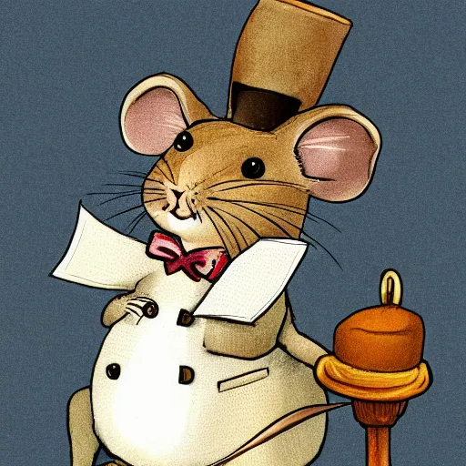 Prompt: illustration of a mouse wearing a Victorian suit. In style of Beatrix Potter.