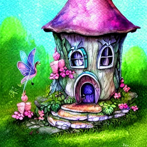 Prompt: cute fantasy fairy house, tea cup, digital illustrations by tonia tkach, watercolor,