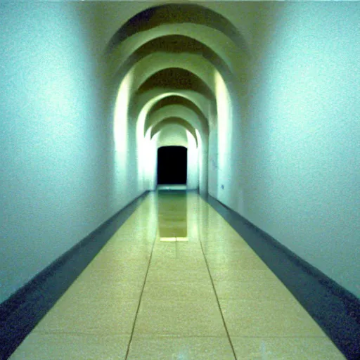 Image similar to Beautiful Fuzzy wide-eye-lens 15mm, harsh flash, cameraphone 2002, Photograph of an tiled infinite foggy foggy foggy liminal pool pool hallway hallway hallway with archways and water on the floor