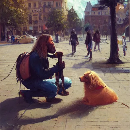 Image similar to oil painting of a young man with long hair blond and a beard hippie style with his golden retrever dog playing guitar in the square for money, people watching around, by greg rutkowski, artstation