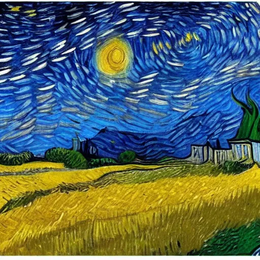 Prompt: a beautiful morning with clear skies, birds flying. in the style of starry night by vincent van gogh