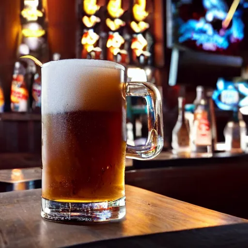 Prompt: a 3 d rendered movie still, 4 k, wide - angle medium - shot. at the bar, a tall frosty mug of root beer is on the bar, next to a small origami bird. a dart board on a wall in the background. it's happy hour, high - energy. imax, 7 0 mm dramatic lighting, digital art, photorealistic blade runner