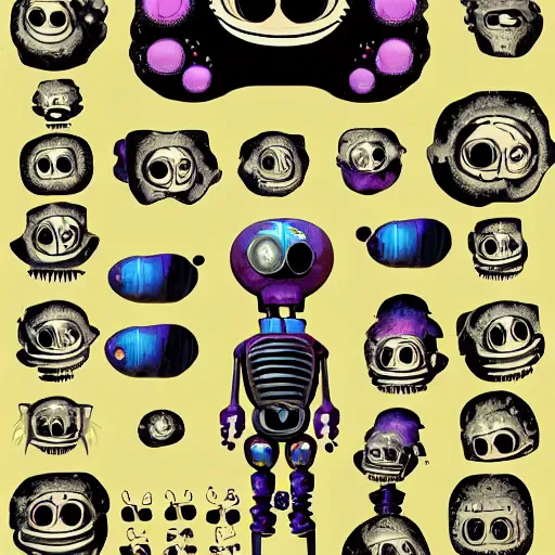 Image similar to official character sheets for an old dumbo squid biomech, digital 2 d screen smiley robot face, mechanical heart in center, covered in coral and barnacles, worn stickers, scratches, damage, art by tim schafer black velvetopia art for psychonauts from double fine studios, art by splatoon from nintendo, black light rave, adult character, apocalypse