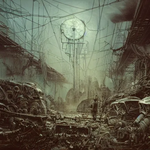 Image similar to a junkyard for cyborgsl, horror art by beksinski and szukalski and giger and and pyromallis and dzo and iris compiet and seb mckinnon and, technical drawing, blueprint, highly detailed, intricate, sharp focus, trending on artstation hq, deviantart, unreal engine 5, 4 k uhd image