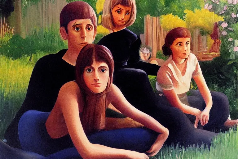 Prompt: beautiful painting of friends, beautiful faces, sitting on the edge, cute, soft light, digital painting by diane arbus and ralph mcquarrie and harry bertoia