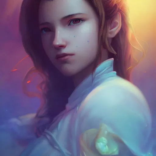 Image similar to aerith gainsborough portrait, atmospheric lighting, painted, intricate, volumetric lighting, beautiful, rich deep colors masterpiece, golden hour, sharp focus, ultra detailed, by leesha hannigan, ross tran, thierry doizon, kai carpenter, ignacio fernandez rios