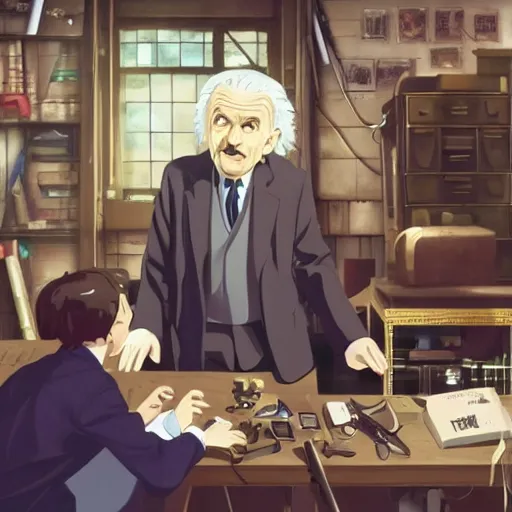 Prompt: inside the workshop with alan turing cracking the enigma with the help of albert einstein, anime!!!, artstation