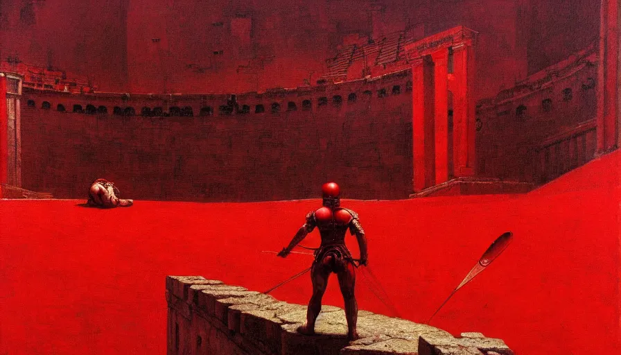 Prompt: only with red, a lightly armored gladiator in a crowded roman amphitheatre, crowd cheering, in the style of beksinski and edward hopper and rodcenko and yue minjun and artgerm, intricate and epic composition, red by caravaggio, highly detailed, masterpiece, red light, artstation