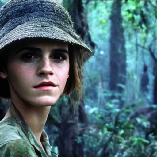 Image similar to film still, close up, emma watson soldier hiking through dense vietnam jungle, mist, film still from apocalypse now ( 1 9 7 9 ), 2 6 mm, kodak ektachrome, blue tint ektachrome film,