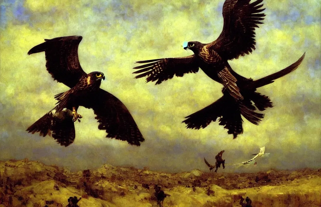 Image similar to a falcon escapes from the falconer, detailed painting, epic lighting, by ilya repin, phil hale and kent williams