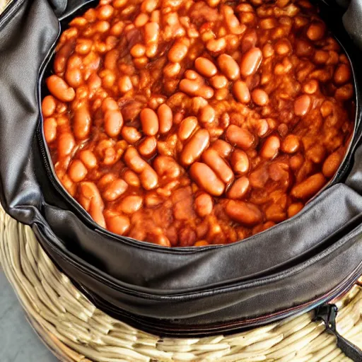 Prompt: a backpack full of baked beans