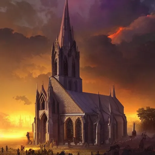 Image similar to powerful epic invasion, gothic church un the middle of the scene, sunset orange clouds, trending artstation