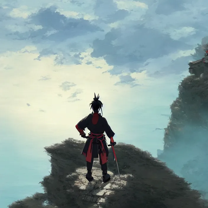 Prompt: an anime still of a ronin samurai standing on the edge of a cliff overlooking the ocean, confident looking, finely detailed features, perfect art, at an ancient castle, trending on pixiv fanbox, painted by greg rutkowski makoto shinkai takashi takeuchi studio ghibli, akihiko yoshida