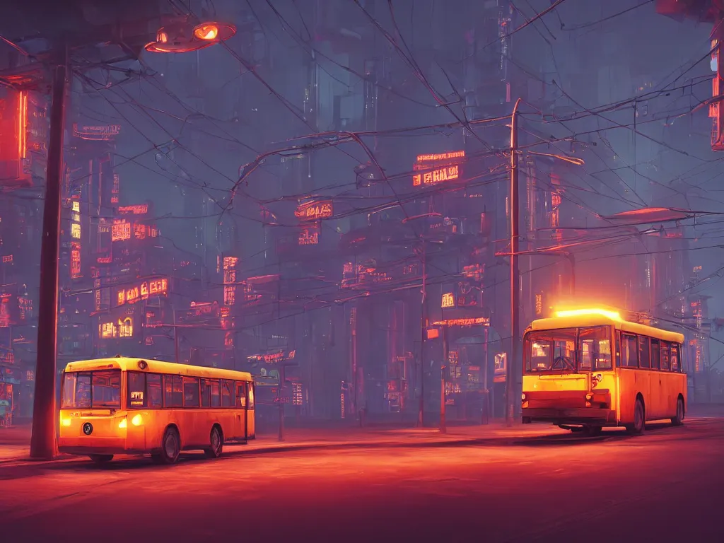 Image similar to an old shabby orange trolleybus stands at a stop on the other planet, headlights shine with neon light, in the background in the distance the earth, atmospheric, futuristic, cyberpunk, ray tracing global illumination, 8 k resolution, ultra detailed