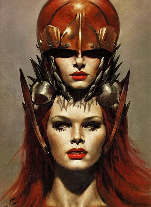 Image similar to portrait of junoesque norwegian female chaos angel, beautiful! coherent! by frank frazetta, by brom, strong line, muted color, rusted spiked armor, iron helm, high contrast, maximalist