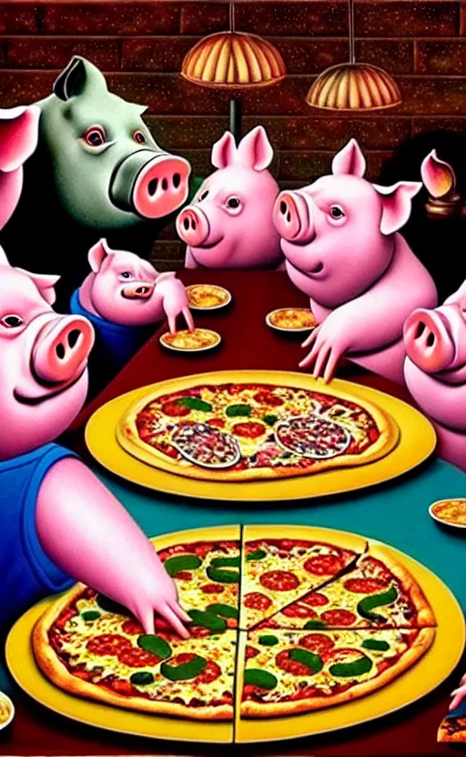 Prompt: a hyperrealistic painting of a group of pigs eating a pizza at the table, cinematic horror by the art of skinner, chris cunningham, lisa frank, richard corben, highly detailed, vivid color,