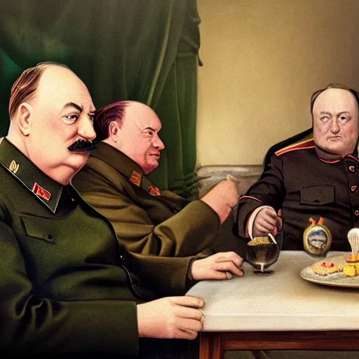 Prompt: Stalin, Churchill and Franklin Roosevelt having a wild birthday party, colorized, fantasy painting,hyperrealistic, highly detailed, depth of field, High definition, 8k, octane render, artstation