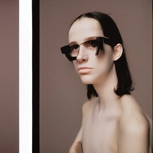 Image similar to realistic photoshooting for a balenciaga dore lookbook, color film photography, portrait of a woman, photo in style of david rudnick, 3 5 mm,