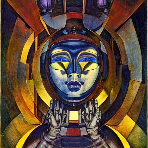 Prompt: the robot in her mechanical mask, by annie swynnerton and diego rivera and leo and diane dillon, symbolist, dramatic lighting, elaborate geometric ornament, art brut, god rays, soft cool colors, smooth, sharp focus, extremely detailed, adolf wolfli