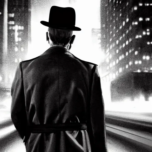 Prompt: a picture of a man with the face of humphrey bogart, wearing a 1 9 4 0's noire detective outfit with fedora and trench coat, standing in the streets of chicago at night, detailed unblurred face, 4 k octane render highly realistic digital painting