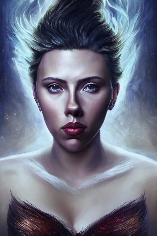 Image similar to majestic and regal portrait of a beautiful young scarlette johansson fire goddess!!, intricate, epic, elegant, menacing, fantasy, highly detailed, digital painting, hard focus, beautiful volumetric lighting, epic light, ultra detailed, souls, smoke, by leesha hannigan, ross tran, thierry doizon, kai carpenter, ignacio fernandez rios