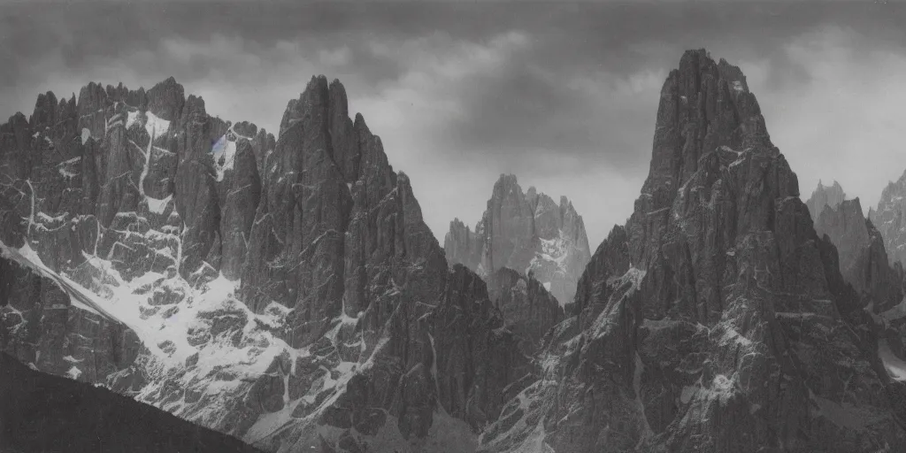 Image similar to 1920s photography of the god of the dolomites, dark, eerie