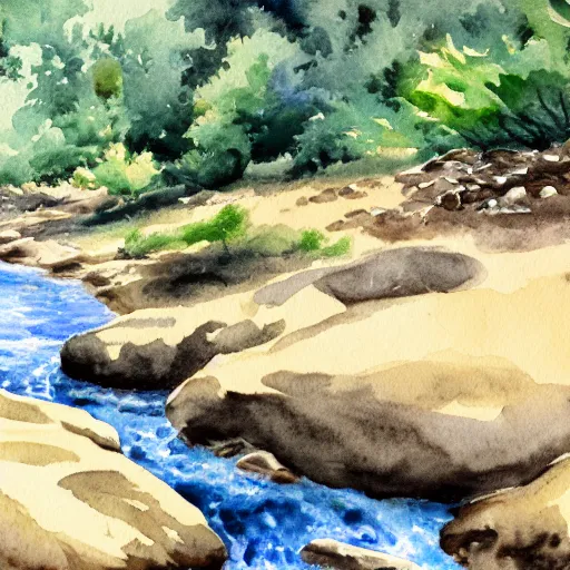 Prompt: A piece of peace by a river creek, watercolor, detailed