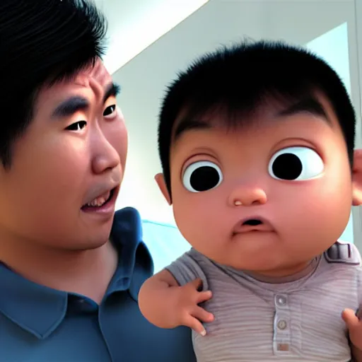 Prompt: shocked asian man cannot believe his eyes that he is holding a dark skinned chubby baby, award winning art, pixar, 3 d render, confusion, unreal engine