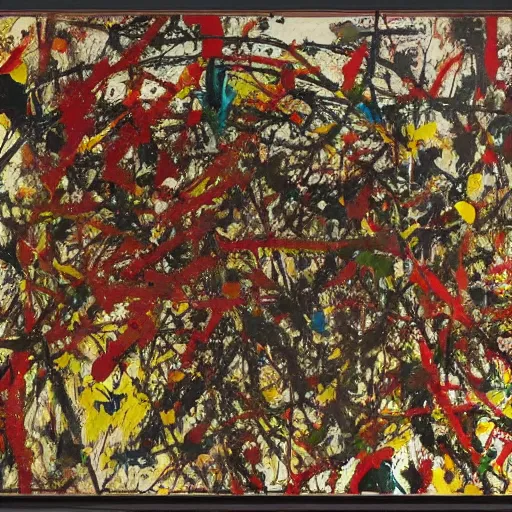 Prompt: a painting by jackson pollock hanging on a wall