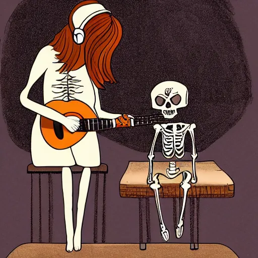 Image similar to skeleton wearing headphones watching girl playing guitar with her black cat standing next to her, digital art