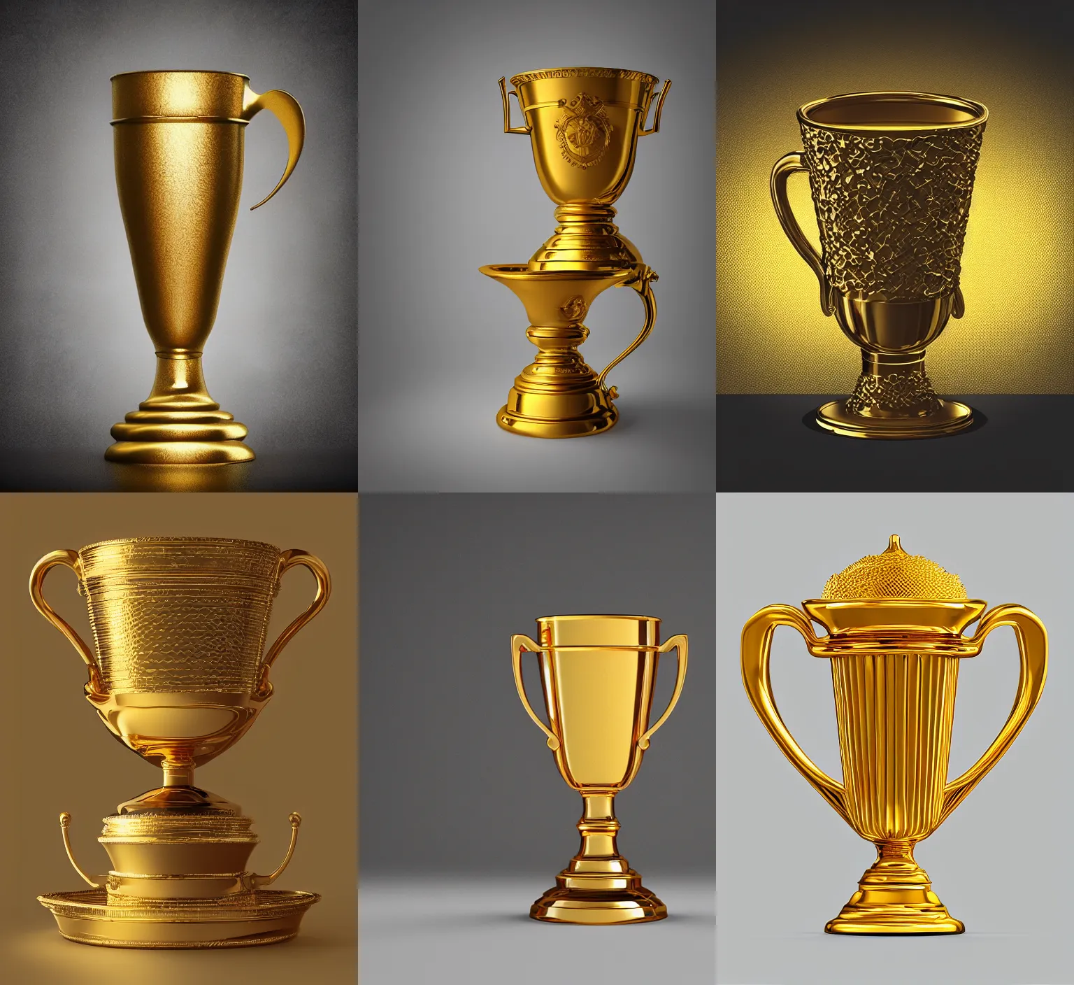 Prompt: “ golden cup, wining, award, front, center, white background, render corona, redshift render, photorealistic, studio light, stock, bright ”