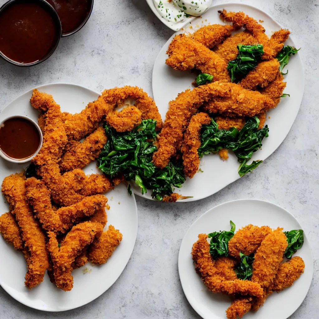 Prompt: A soft focus photo of beautiful, delicious-looking chicken tenders with a side of sweet potato hash and collared greens, three MICHELIN stars, presented on a white-colored plate on top of a mocha-colored table, 80mm lens, f/2.8