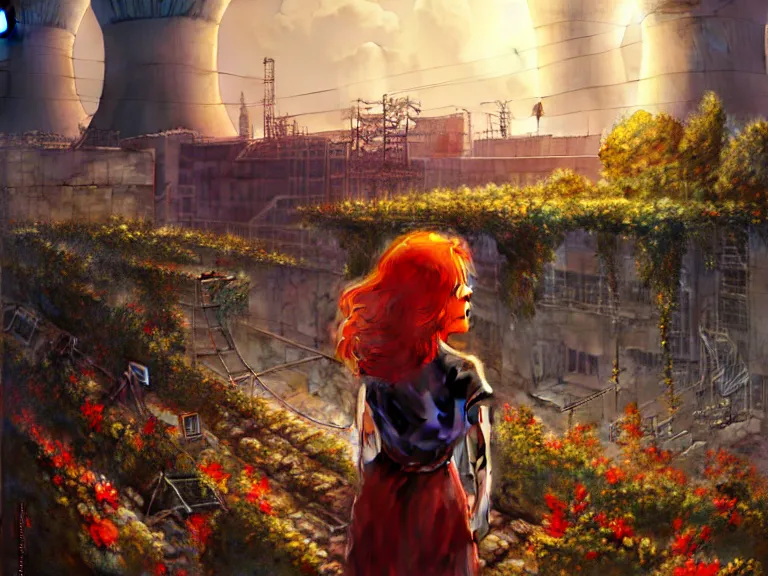 Image similar to red hair girl, chernobyl powerplant!!!, rubble, ruins!!, flowers, vines, hyperrealistic, highly detailed, cinematic, single ray of golden sunlight, beautiful, cgssociety, artstation, 8 k, oil painting by greg rutkowski, by artgerm, by wlop