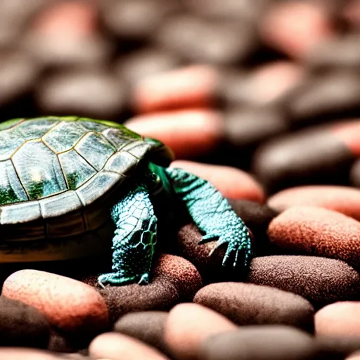 Prompt: a turtle crawling in a pile of adderall pills