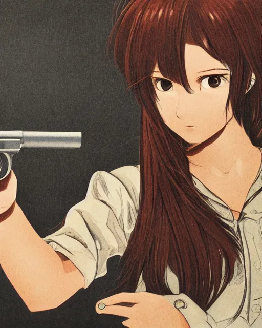 Image similar to portrait of a girl holding a pistol, detailed manga art panel, professional