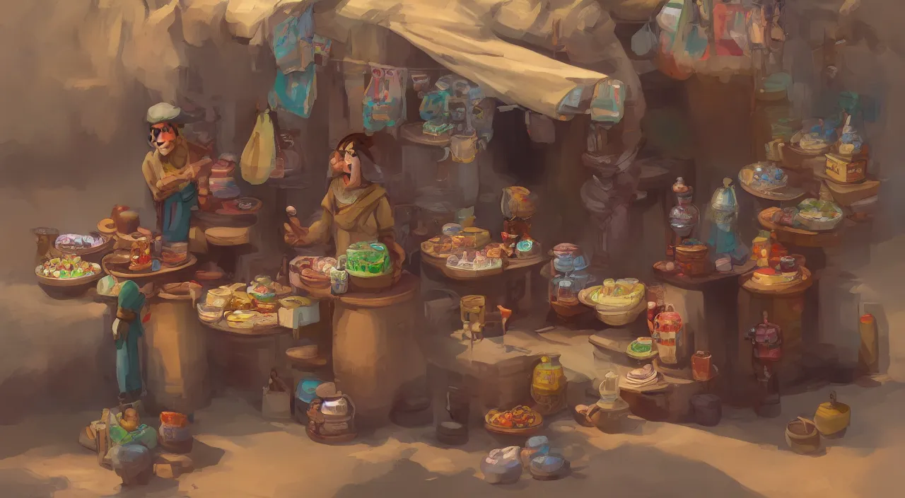 Prompt: A desert shopkeeper selling canteens, trending on artstation