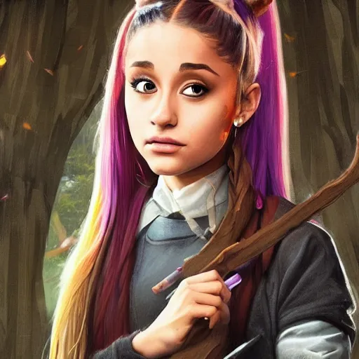 Prompt: painting of ariana grande as a hogwarts student, illustration, artistic, colorful, hyper detailed, in the style of greg rutkowski